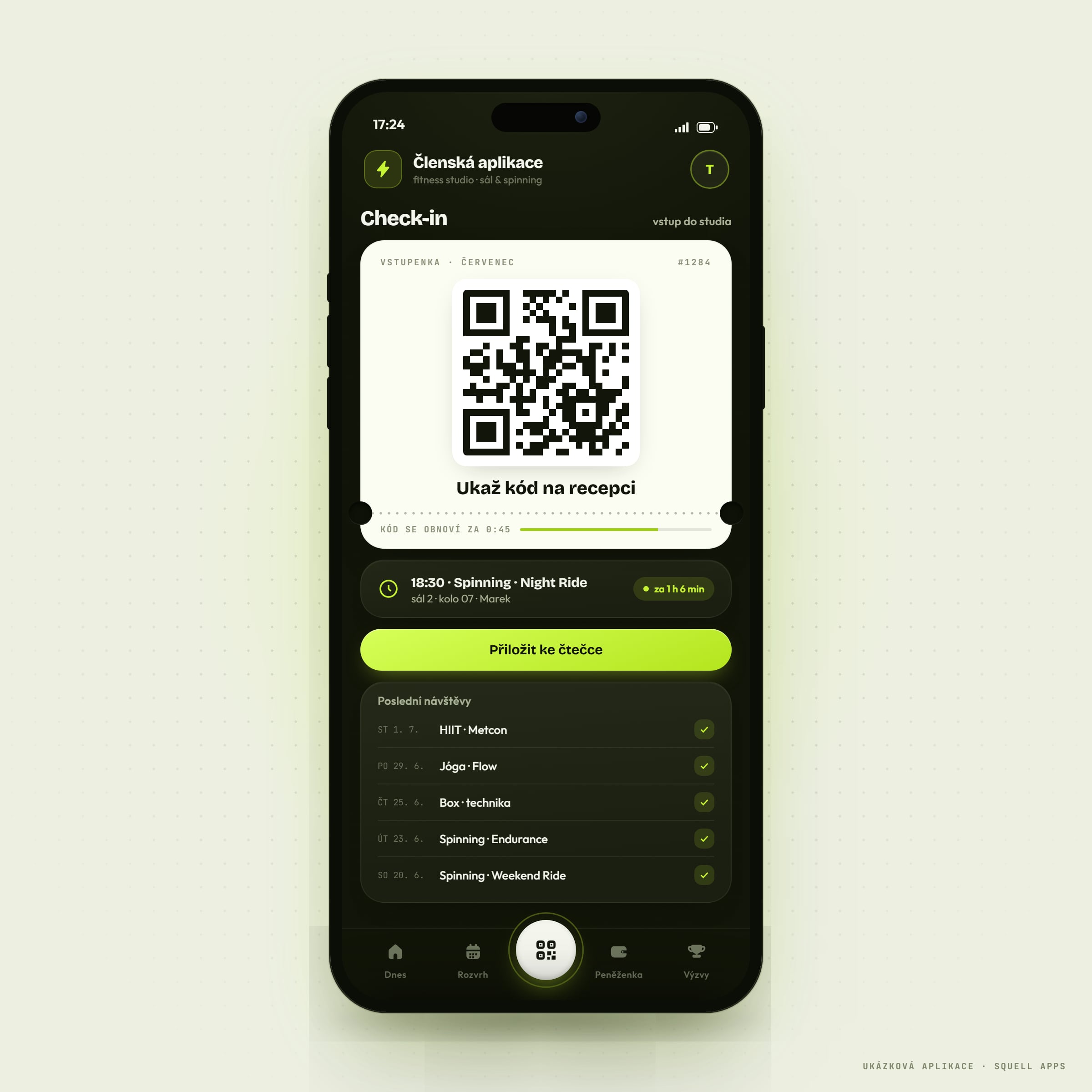 Fitness studio member app — QR check-in with no cards