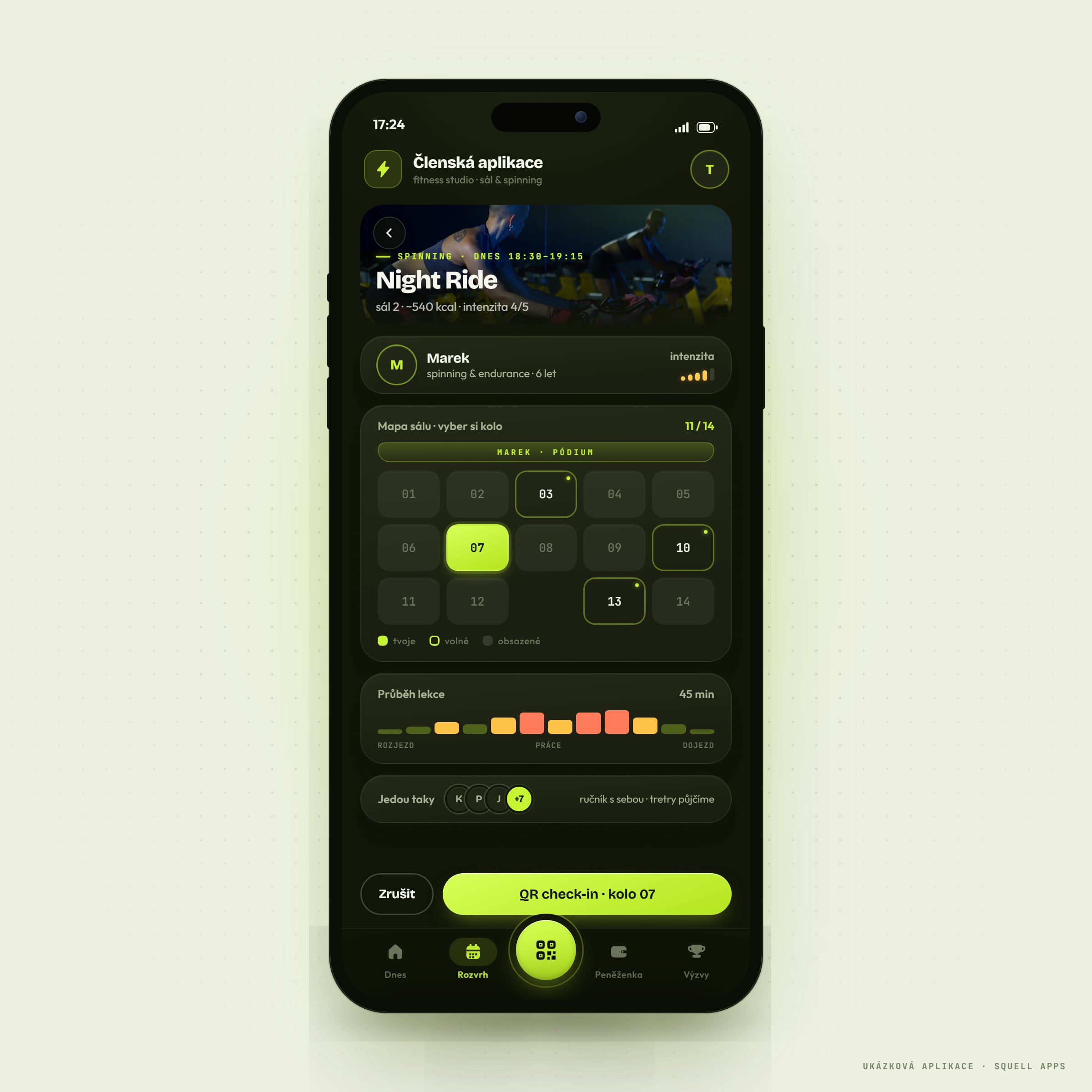 Fitness studio member app — Class detail with a bike map