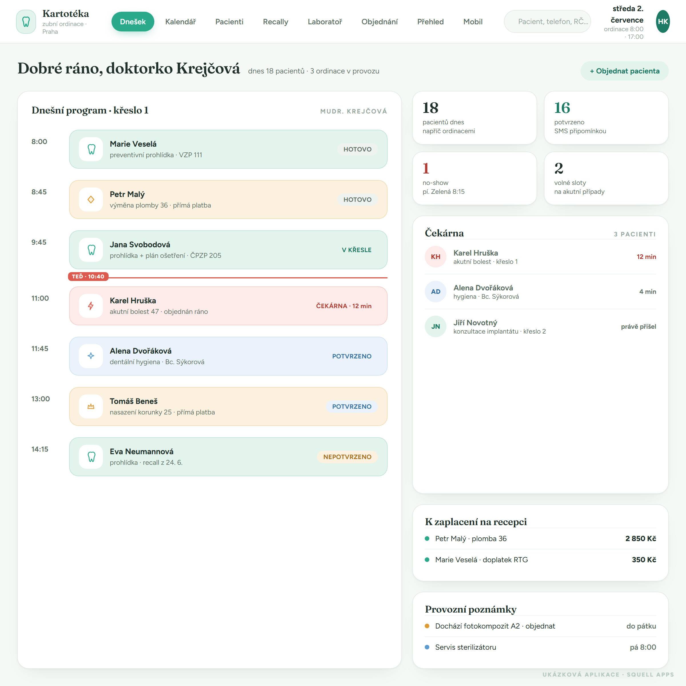 Dental clinic patient records — Today · reception control