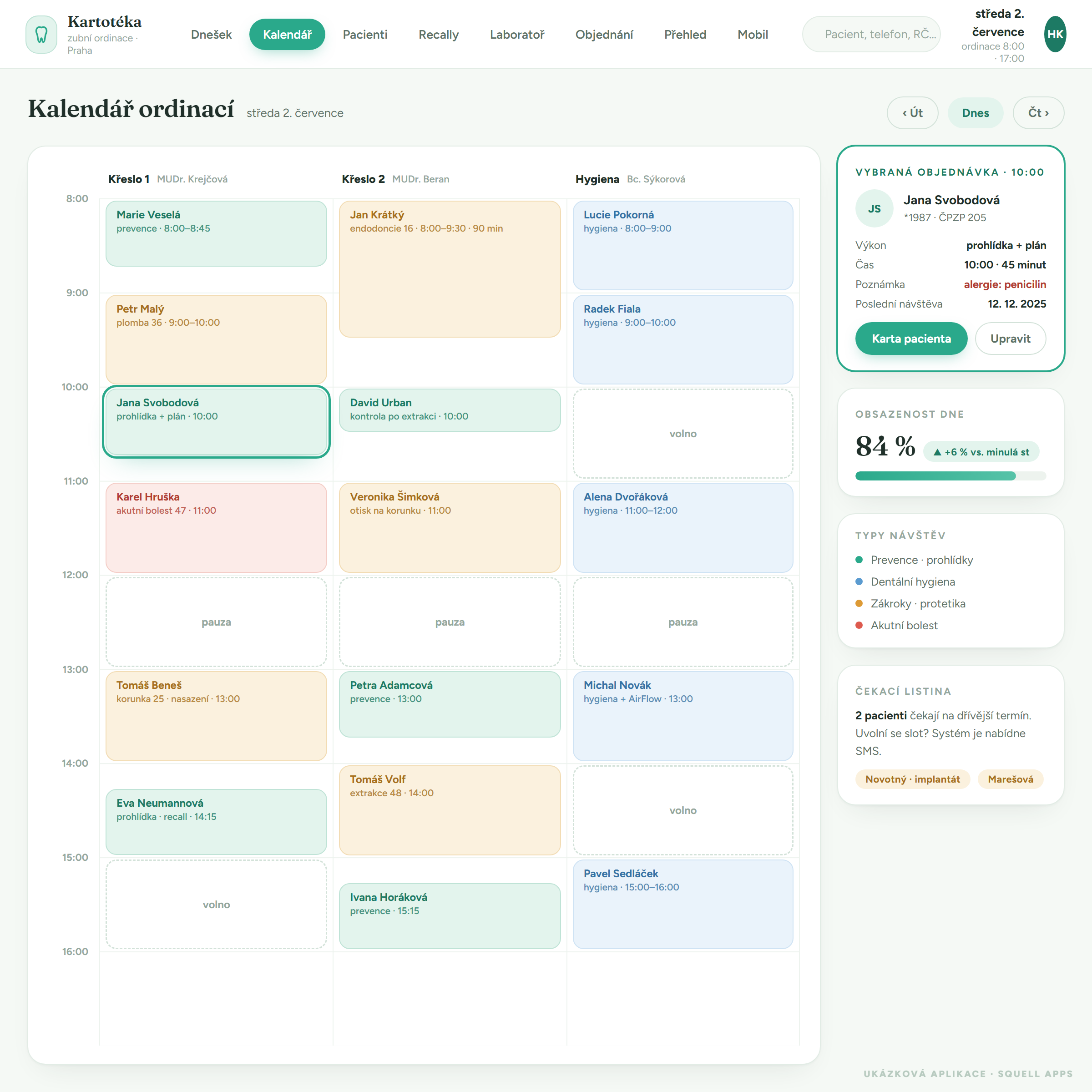 Dental clinic patient records — Chair calendar