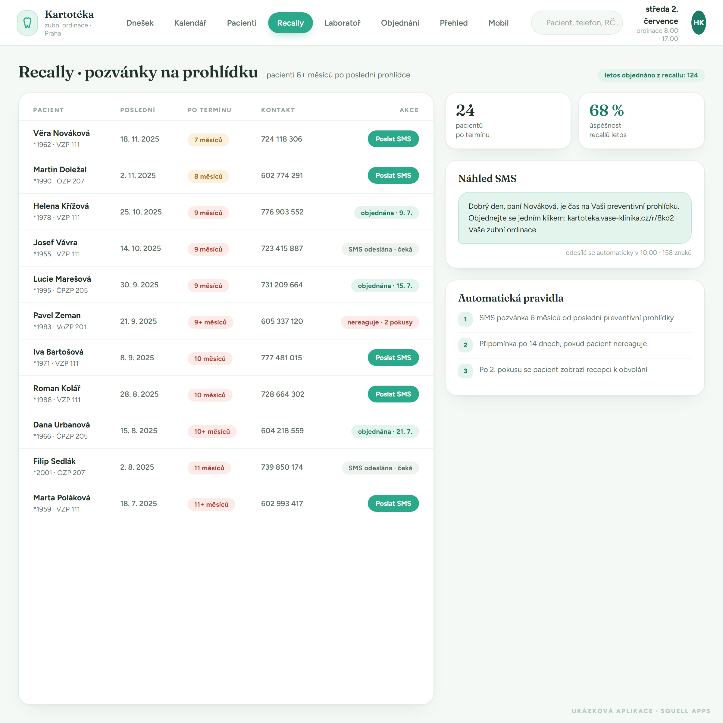 Dental clinic patient records — Recalls · check-up invitations